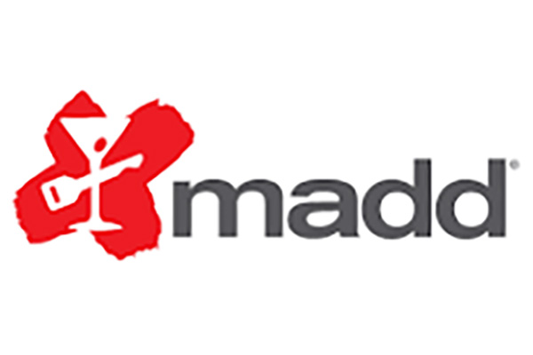 Red abstract symbol with a martini glass and car keys to the left of the word "madd" in black, representing Mothers Against Drunk Driving.